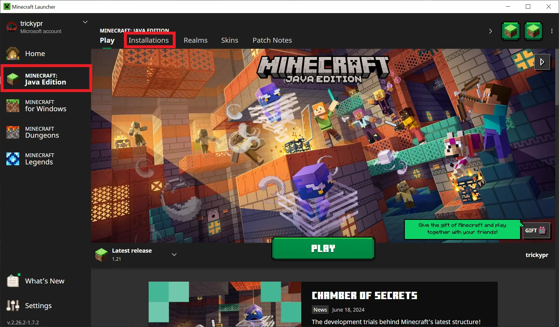 MINECRAFT: Java Edition highlighted in red, followed by the Installations tab highlighted in red